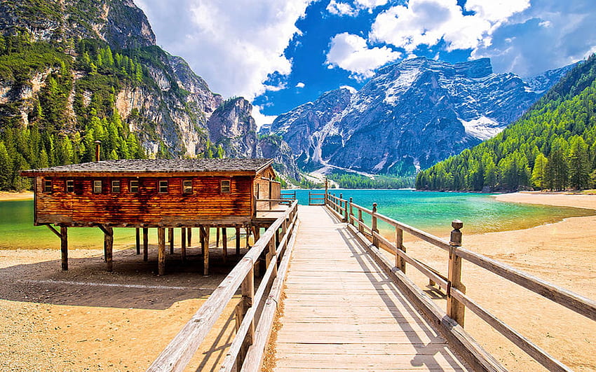 Braies lake in Dolomites, South Tyrol, wooden, path, trees, clouds, italy, sky, mountains, cabin HD wallpaper