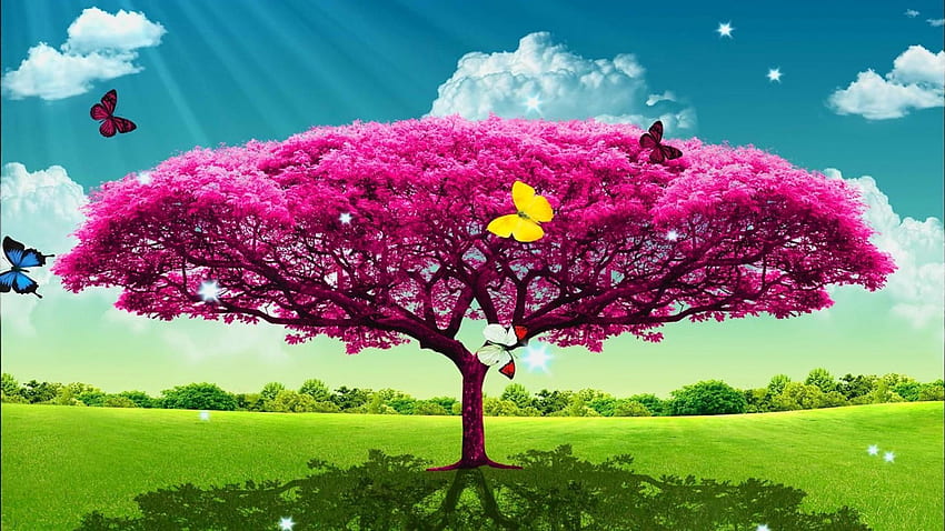 Фентъзи земя, пеперуди, поляна, слънчеви светлини, розово дърво HD тапет