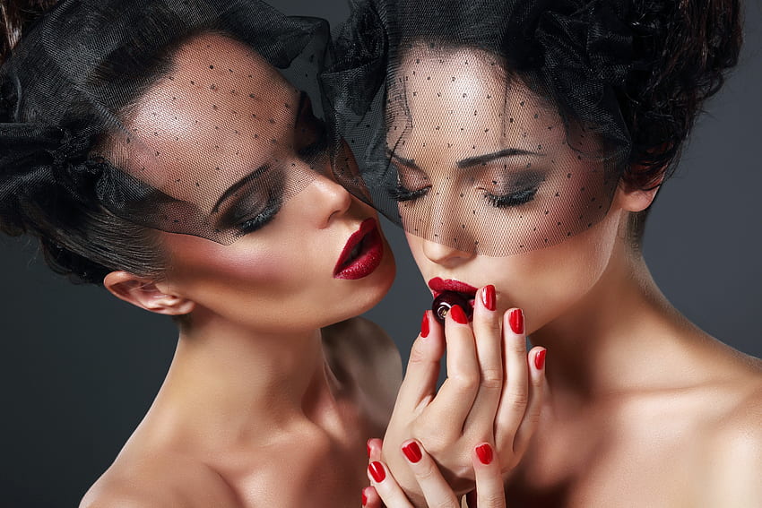 ღ, Brunette, Manicure, Red lips, Makeup HD wallpaper