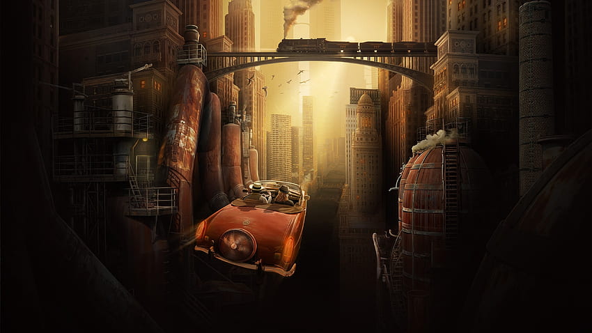 Steampunk, Futuristic City, Flying Car, Retro, Train for U TV HD wallpaper
