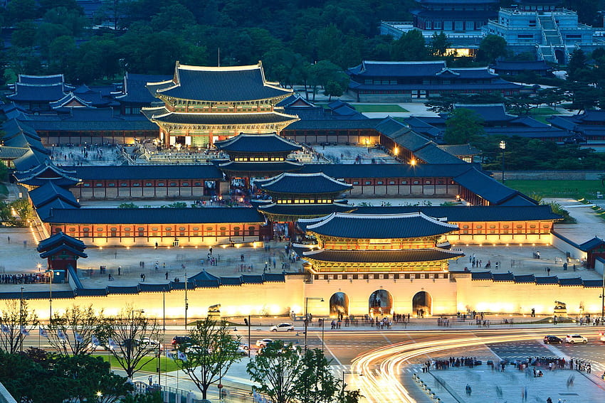 Gyeongbokgung. Paisagem noturna do Palácio Gyeongbokgung, Palácio da Coreia do Sul papel de parede HD