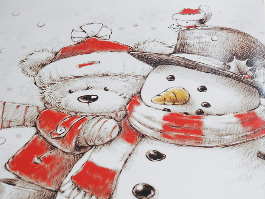 A Hug For Frosty, Bird, Winter, graphy, Snowman, Frosty, Bear HD тапет