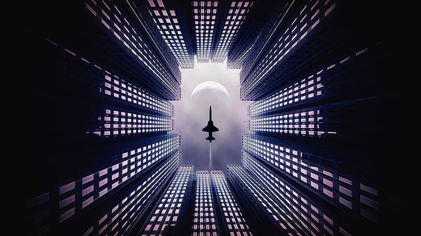 Jet, fighter plane, buildings, facade, silhouette HD wallpaper