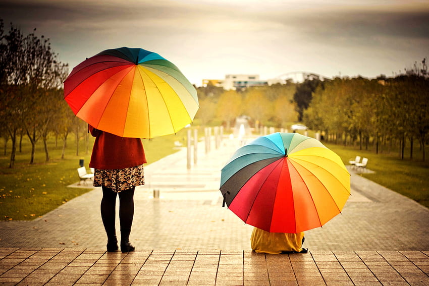Children, Rainbow, , , Multicolored, Iridescent, Mood, Bad Weather, Umbrellas HD wallpaper