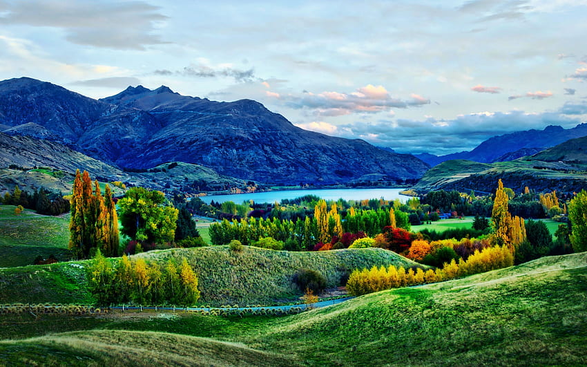 Регион Отаго, Нова Зеландия, Южен остров, пейзаж, дървета, облаци, небе, планина, езеро HD тапет