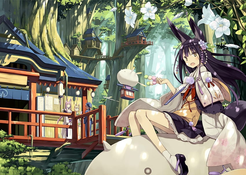 This Is My Home, japanese clothes, bell, skirt, black hair, long hair, food, foxgirl, buildings, anime, animal ears, animals, flowers, blush, forest HD wallpaper