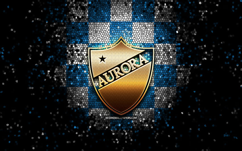 Club Deportivo Aurora, glitter logo, Bolivian Primera Division, blue white checkered background, soccer, Bolivian football club, Club Deportivo Aurora logo, mosaic art, football, Deportivo Aurora FC HD wallpaper