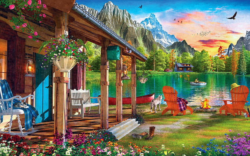 Evening on the Lake, artwork, dog, chairs, boats, veranda, flowers, mountains, cabin, digital HD wallpaper