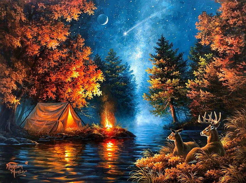 Wishing upon a star, stars, sky, fire, lake reflection, countryside, river, art, fall, painting, camp, autumn, deers HD wallpaper