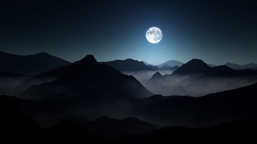 ธรรมชาติ ภูมิทัศน์ ภูเขา หมอก ดวงจันทร์ คืนเต็มไปด้วยดวงดาว แสงจันทร์ มืด พื้นหลัง วอลล์เปเปอร์ HD