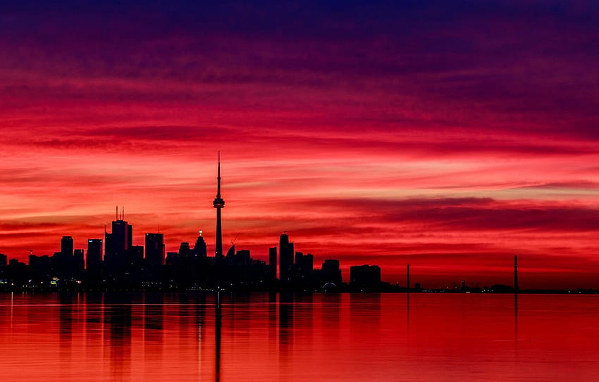 reflexión, la tarde, Canadá, Canadá, tarde, Toronto, reflexión, cielo rojo, cielo rojo, noche de Toronto, por la noche, torre CN, torre CN para, sección город, Red Skyline fondo de pantalla