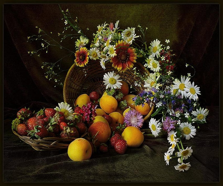 Sweet temptations, basket, apples, petals, strawberries, berries, beautiful, flowers, fruits HD wallpaper
