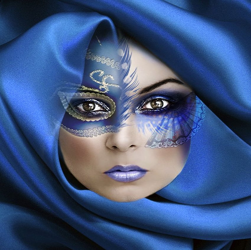 BLUE MASK..、青、化粧、マスク、グラフィック、スカーフ、美しい、女性、デジタル、顔 高画質の壁紙