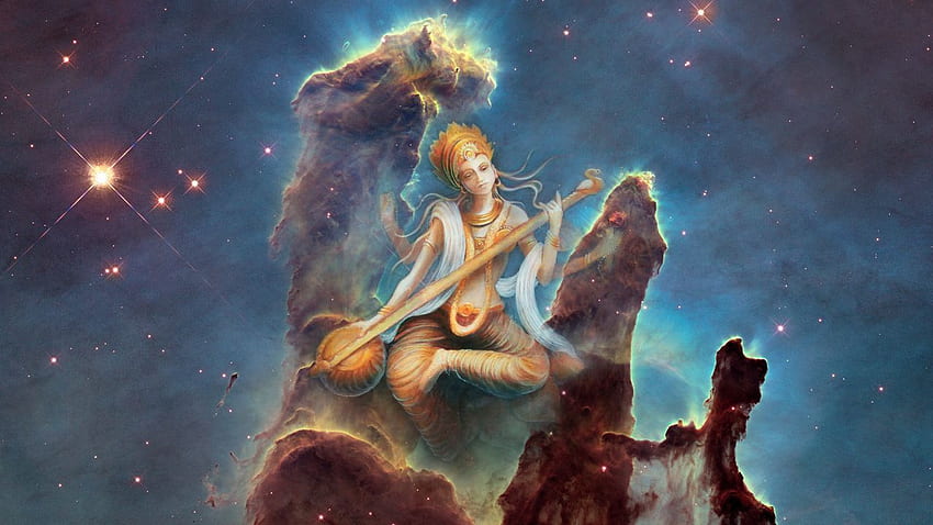 Saraswati, diosa india, diosa del conocimiento, pilares de la creación fondo de pantalla