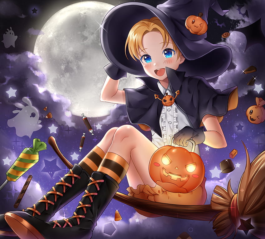 Cute Anime Witch Of Halloween Night 4K wallpaper download