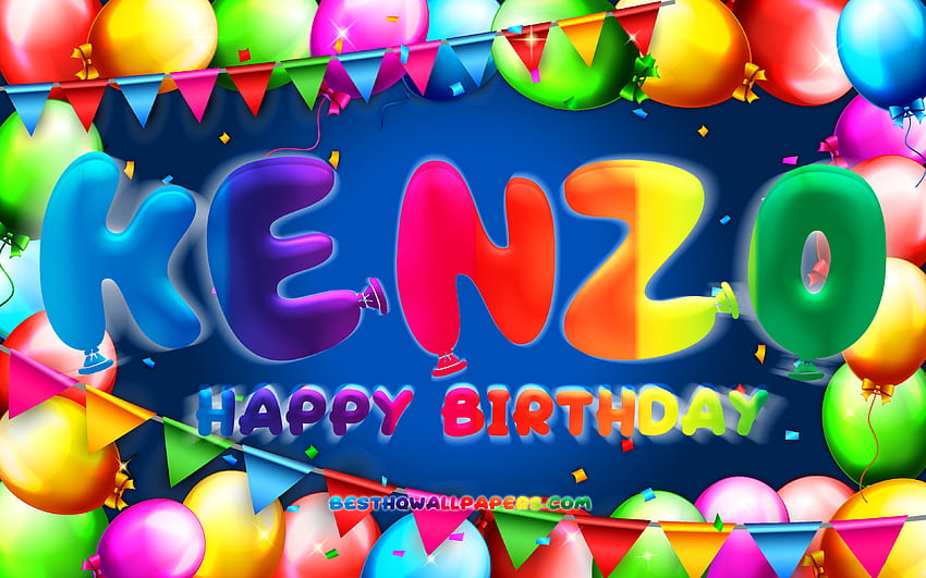 Happy Birtay Kenzo, , colorful balloon frame, Kenzo name, blue background, Kenzo Happy Birtay, Kenzo Birtay, popular american male names, Birtay concept, Kenzo HD wallpaper