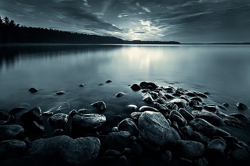 Усещане, нощ, синьо, езеро HD тапет