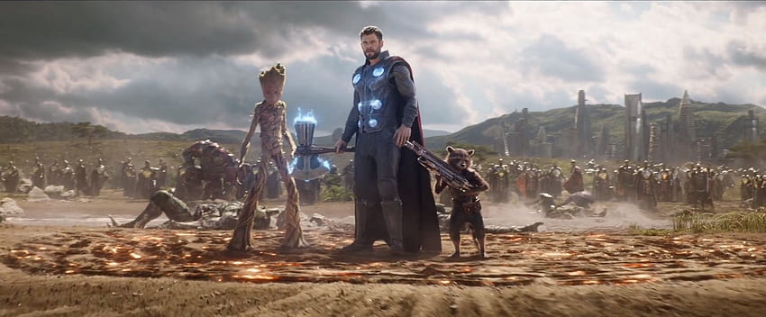 Thor mit Stormbreaker, Rocket Raccoon und Groot kam nach Wakanda HD-Hintergrundbild