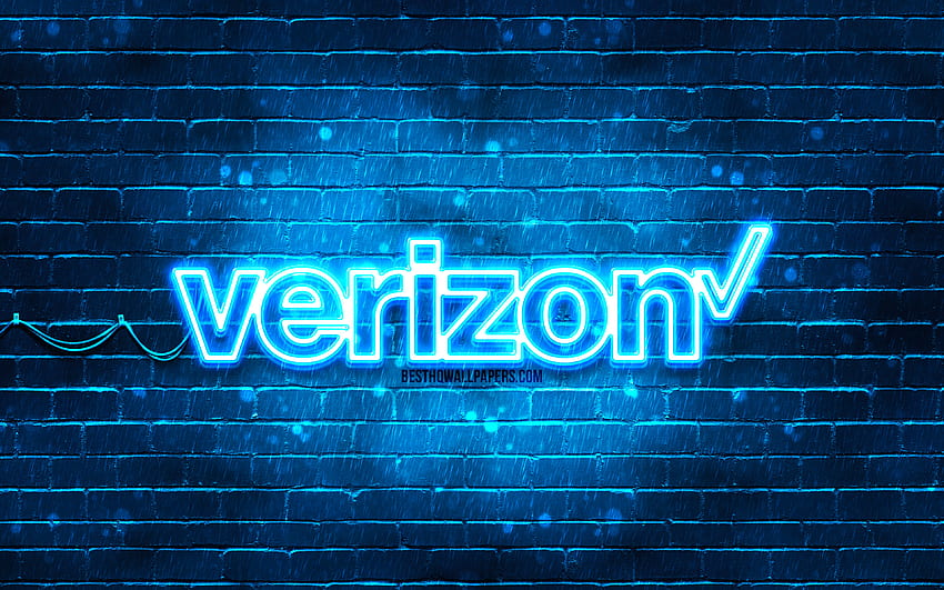 Verizon blue logo, blue brickwall, Verizon logo, marcas, Verizon neon logo, Verizon papel de parede HD