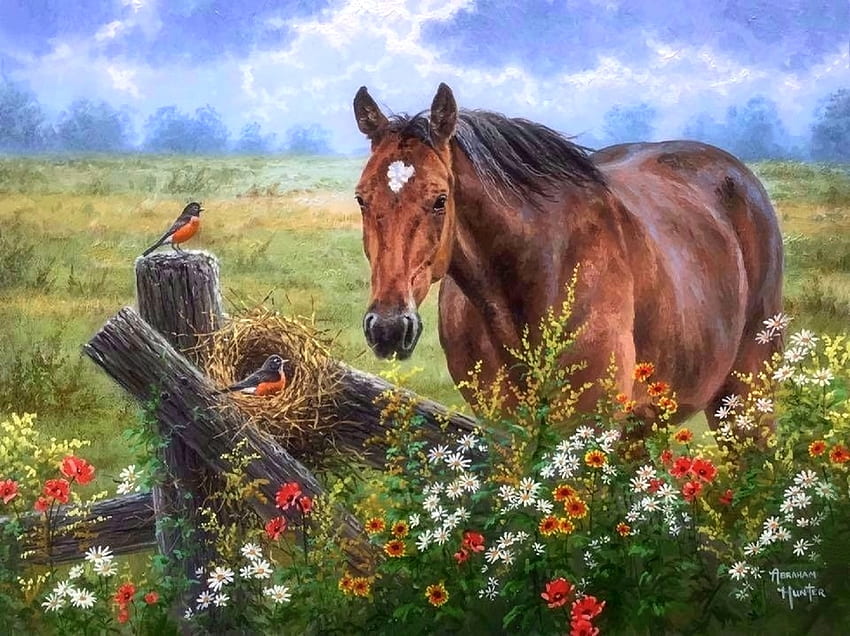 Pastoral Song, birds, attractions in dreams, paintings, summer, love four seasons, horses, animals, fields, nature, flowers HD wallpaper