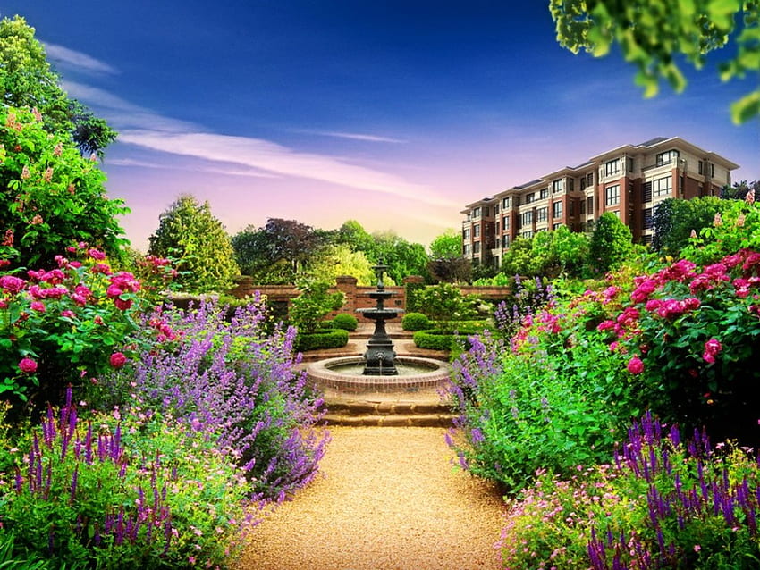Piękny letni ogród, kolorowy, ogród, piękny, alejki, zapach, park, lato, ładny, fontanna, kwiaty, niebo, zapach, śliczny Tapeta HD
