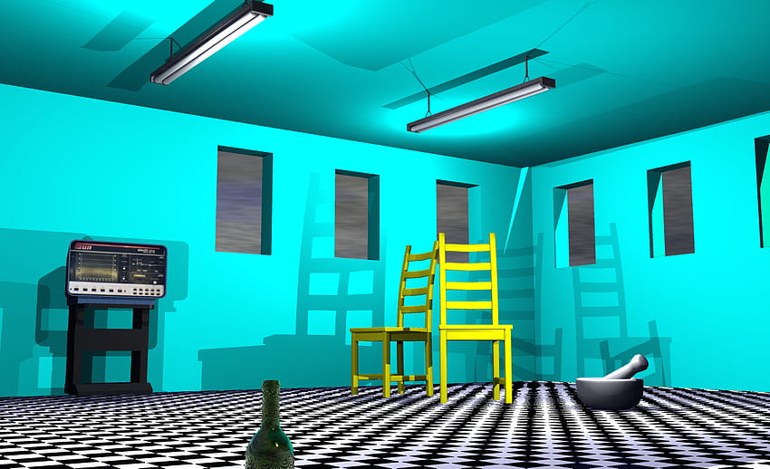 Blaue Wände, blauer Schachbrettboden, Zimmer, Radio, Wand HD-Hintergrundbild