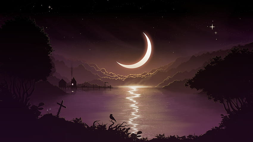 crescent moon, nightm, Lake, moon, crescent HD wallpaper