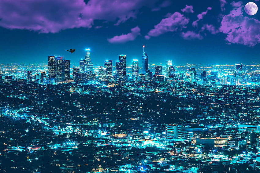 Los Angeles, Cityscape, City lights, Full moon,, Los Angeles Skyline HD wallpaper