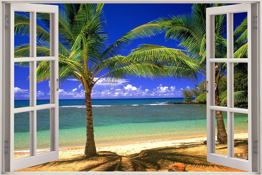 Window Exotic Beach View สติ๊กเกอร์ติดผนังจิตรกรรมฝาผนังฟิล์ม วอลล์เปเปอร์ HD