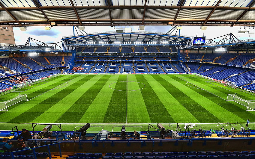 Stamford Bridge, Londyn, R, trybuny, piłka nożna, pusty stadion, Chelsea Stadium, stadion piłkarski, Chelsea FC, angielskie stadiony, Chelsea Arena z rozdzielczością. Wysoka jakość Tapeta HD