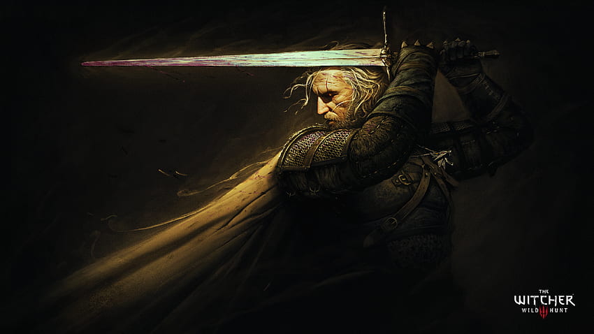 Geralt de Rivia com espada em fundo preto The Witcher 3 Wild Hunt papel de parede HD