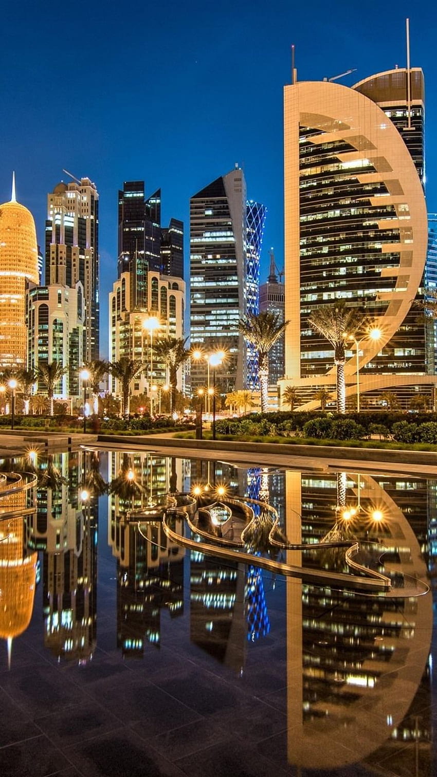 Doha, Qatar, Sheraton Park, skyscrapers, city, nights, lights HD phone wallpaper