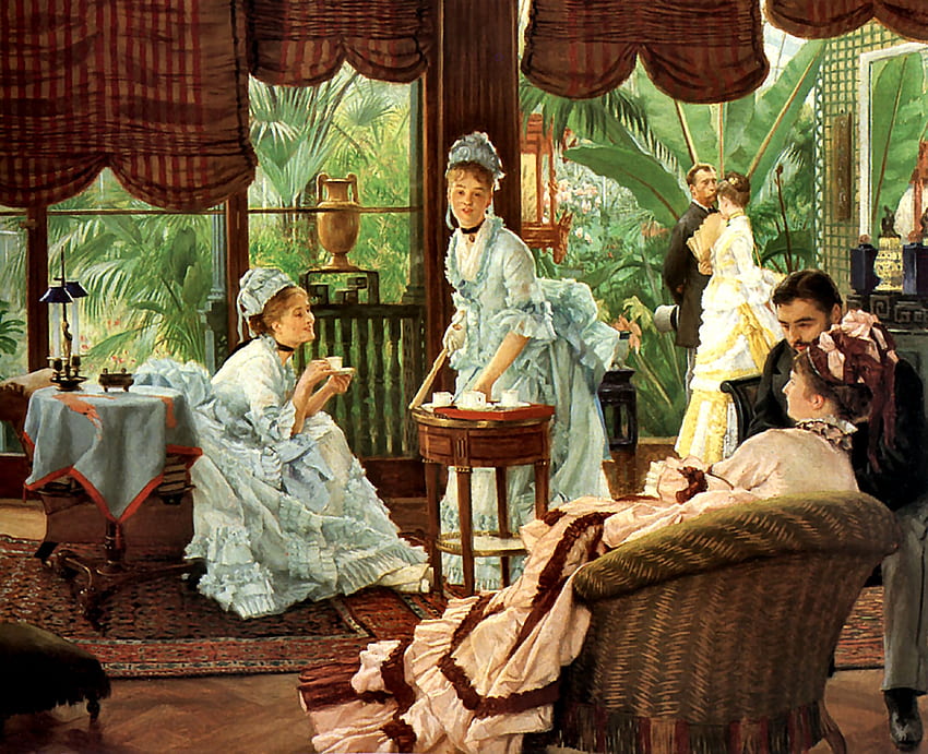 In The Conservatory , art, James Tissot, conseervatory, ladies, beautiful, illustration, Tissot, artwork, lady, Old Master, painting, portrait HD wallpaper