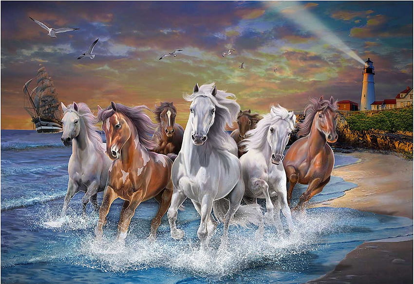 Kuda di pantai, air, pantai, kapal, mercusuar, lukisan, langit Wallpaper HD