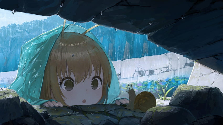 Süßes Anime-Mädchen, Loli, Regen, neugieriger Ausdruck, Hoodie für Breit HD-Hintergrundbild