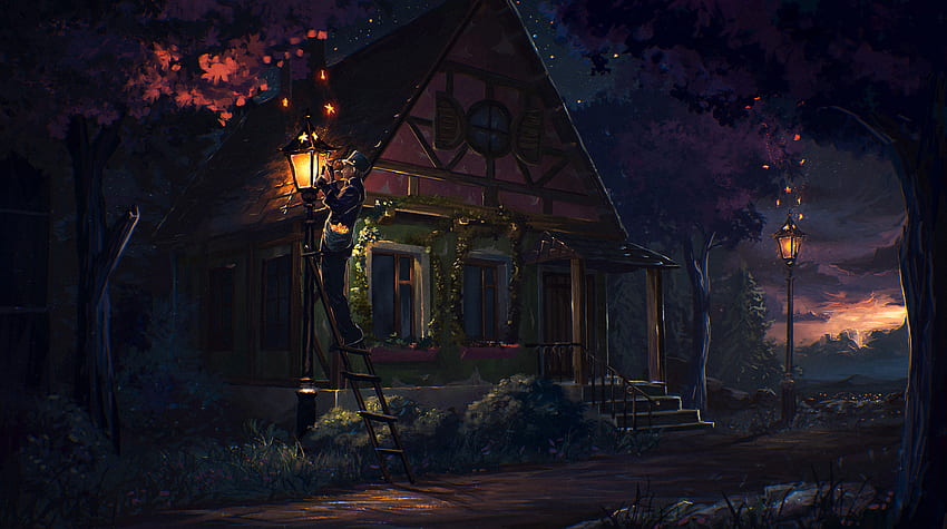 Fantasy, Art, Night, Fairy Tale, House, Lantern, Lamp, Story HD wallpaper