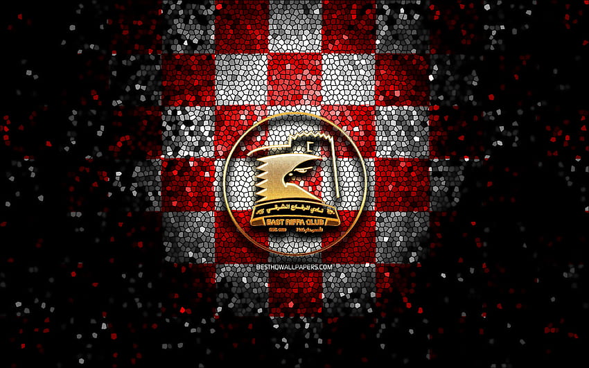 East Riffa FC, glitter logo, Bahraini Premier League, red white checkered background, soccer, Bahraini football club, East Riffa Club logo, mosaic art, football, East Riffa Club HD wallpaper