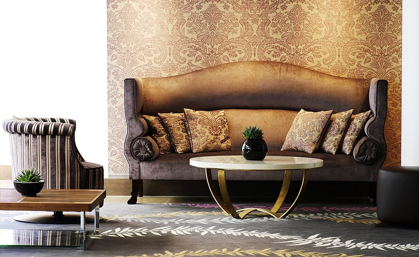 Interior, Flower, , , Pattern, Brown, Wall, Table, Room, Vase, Sofa, Armchair, Floor, Cushions, Pillows HD wallpaper