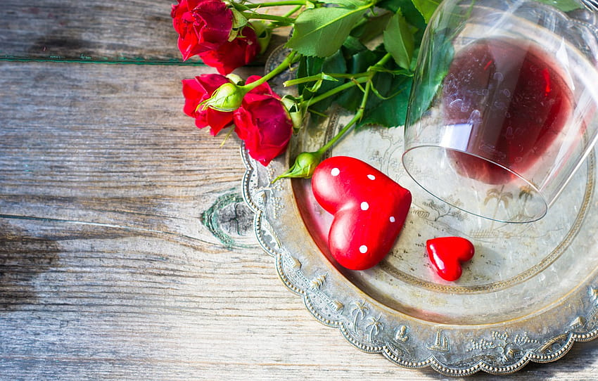 flowers, holiday, wine, heart, glass, roses, tray, dish for , section праздники, Rustic Rose HD wallpaper