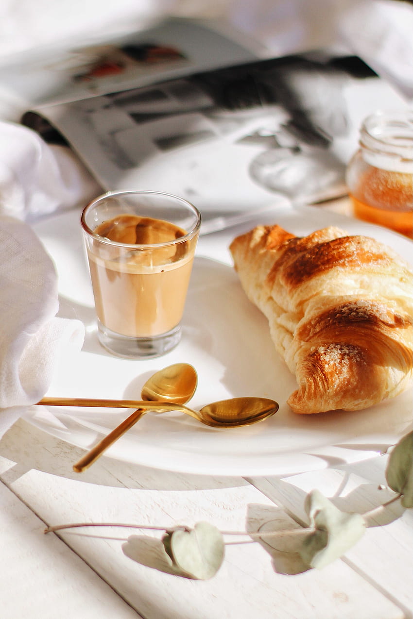 Food, Coffee, Glass, Breakfast, Croissant HD phone wallpaper