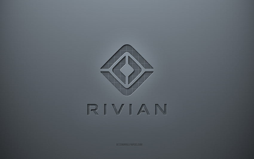 Rivian のロゴ、灰色のクリエイティブな背景、Rivian のエンブレム、灰色の紙のテクスチャ、Rivian、灰色の背景、Rivian の 3d ロゴ 高画質の壁紙