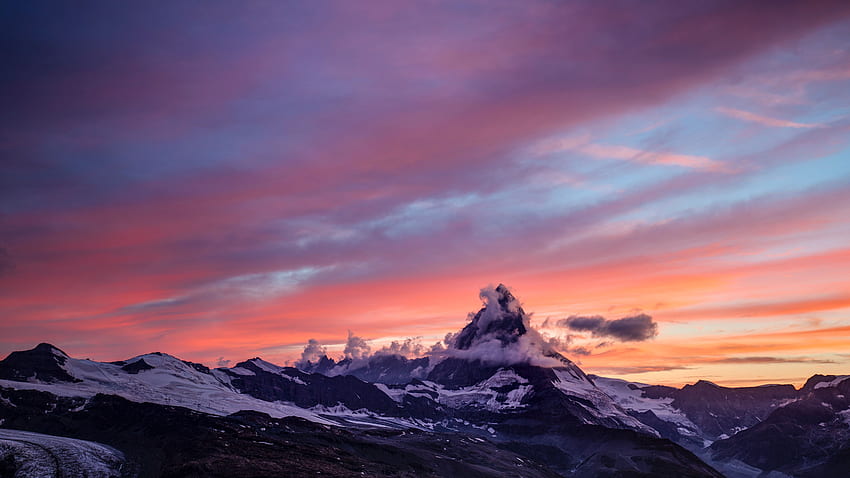 Nature, Sunset, Clouds, Mountain, Peak, Switzerland, Snow Covered, Snowbound, Zermatt HD wallpaper