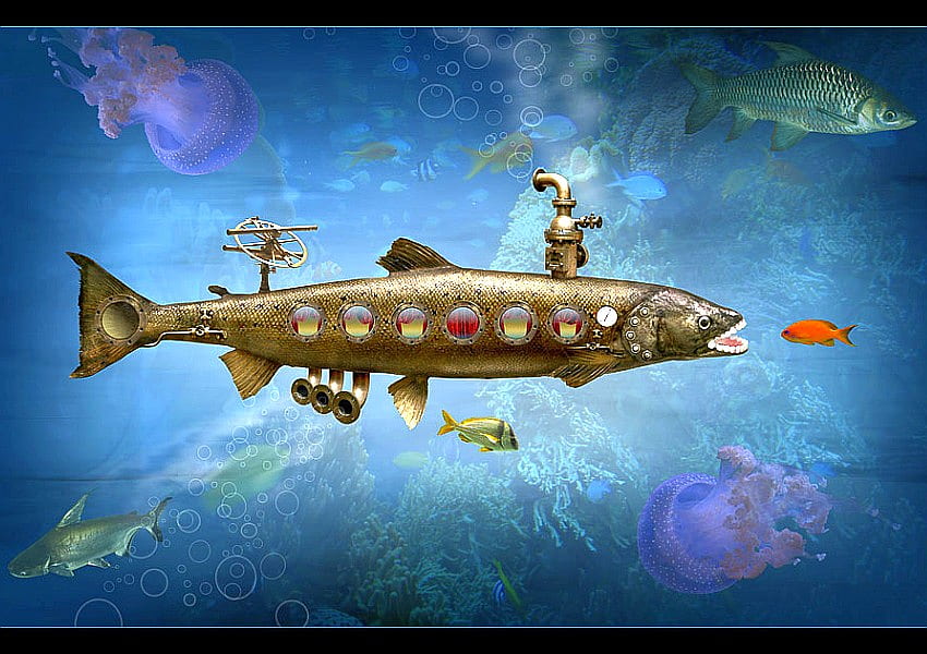 魚の潜水艦、クール、魚、、潜水艦 高画質の壁紙