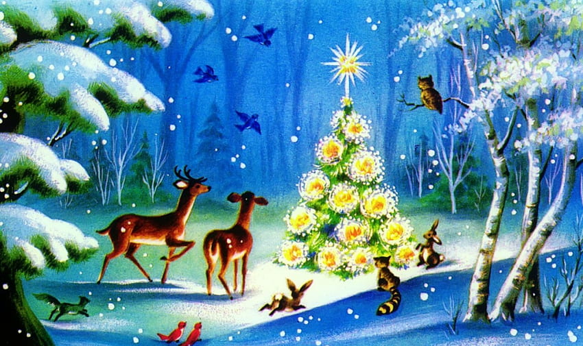 Vintage Christmas, winter, fun, snowflakes, snow, animals, trees, woodland, vintage, frost, mood, art, beautiful, tree, snowfall, christmas, joy, forest HD wallpaper