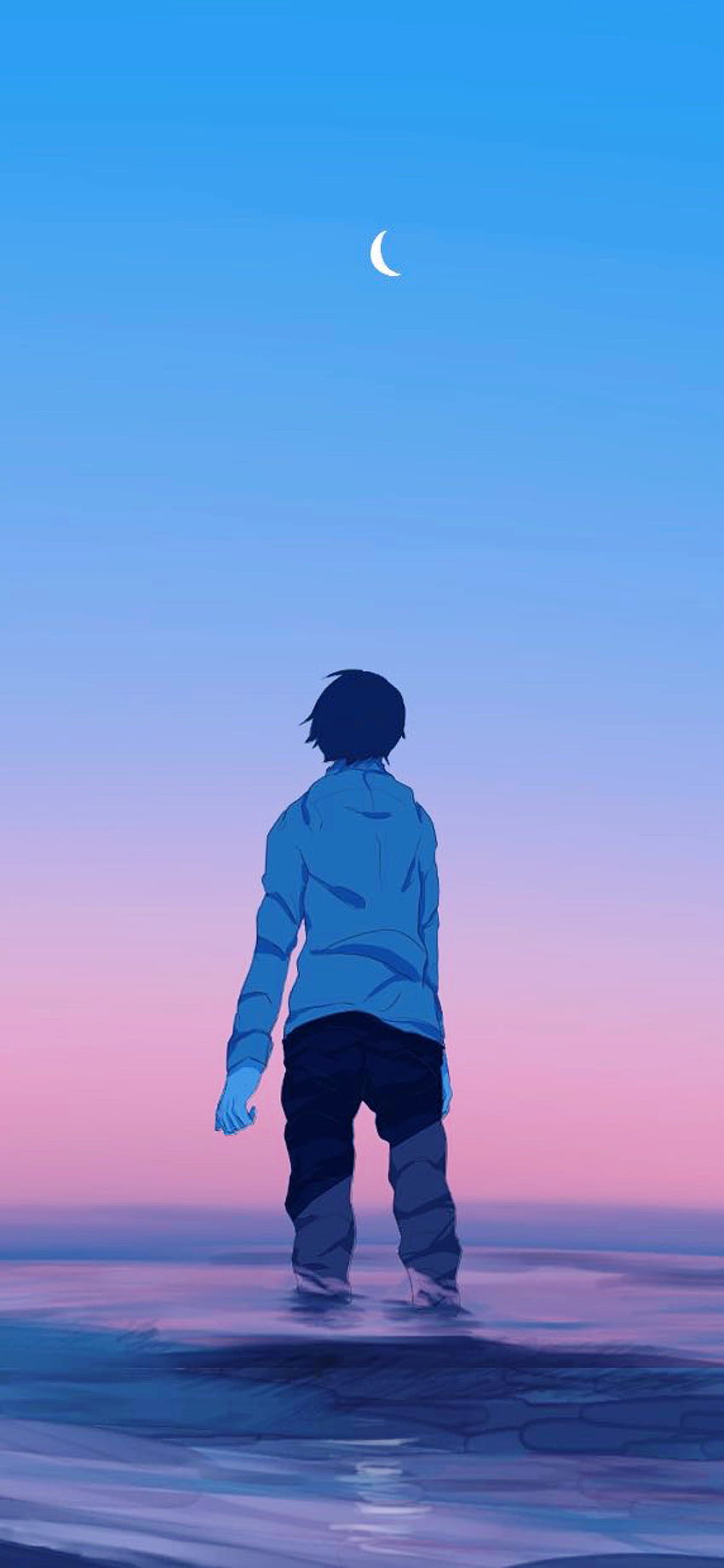 Anime boy, alone, art, blue, HD phone wallpaper