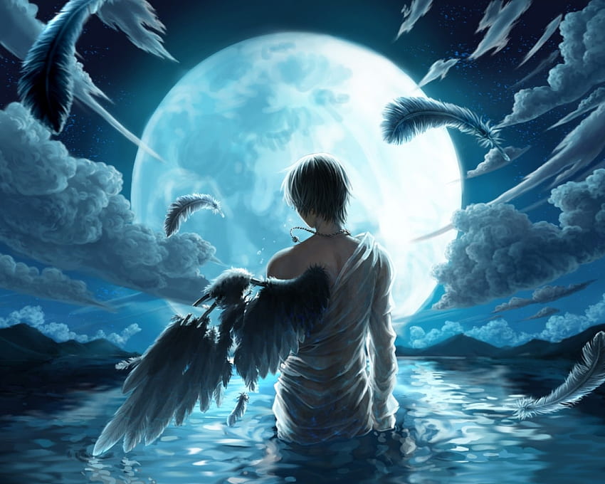 ragazzo acqua capelli blu bagnati piume caduti maschio anime gioielli luna piena nuvola cielo notturno kuroko no baske Alta qualità, alta definizione Sfondo HD