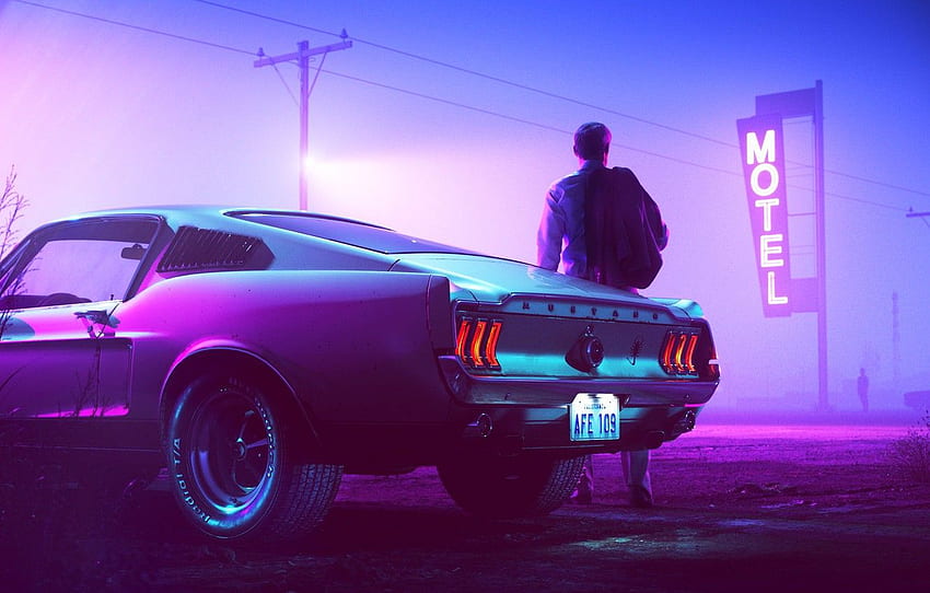 Mustang, Ford, Auto, Night, Neon, People, Machine, Background, Ford Mustang, 1967, Fastback, Mustang GT, Motel, Synthpop, Motel, Darkwave за , рендиране на секция HD тапет