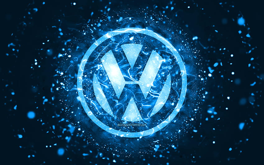 Volkswagen blue logo, , blue neon lights, creative, blue abstract background, Volkswagen logo, cars brands, Volkswagen HD wallpaper