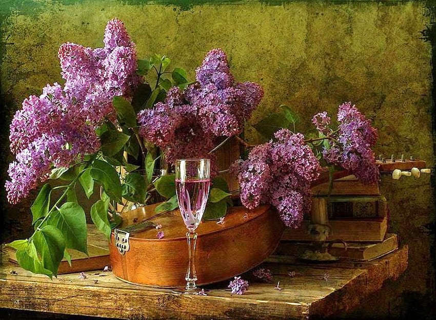 Musik, Wein und Blumen, Tisch, Blätter, Glas Wein, Flieder, Gitarre HD-Hintergrundbild