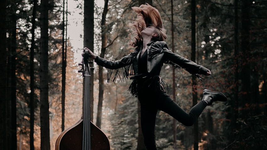 girl, musical instrument, forest 16:9 background, Double Bass HD wallpaper